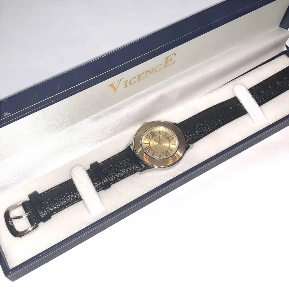 Vicence Italy 14k Yellow Gold Bezel Watch Black Pebbled Leather Band BOX gift